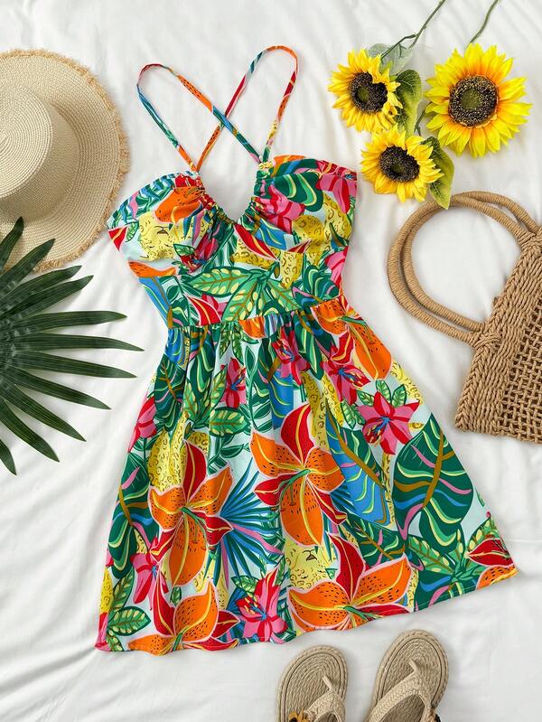 Tropisches Muster-Minikleid, geeignet für Strandurlaub, Damen Sommerkleidung, tropische Urlaubsmode, Sommer, Urlaubskleid, Damenkleid