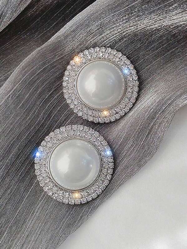 Set de 2 pares de pendientes elegantes con forma redonda, con rhinestones y perlas, apropiados para uso diario, bodas y fiestas de novias