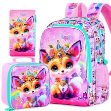 Set de 3 mochilas para niñas de 16", mochila escolar con lentejuelas y lonchera, mochilas escolares lindas con diseño de zorro para primaria y jardín de infantes - Mochila - Ver 1
