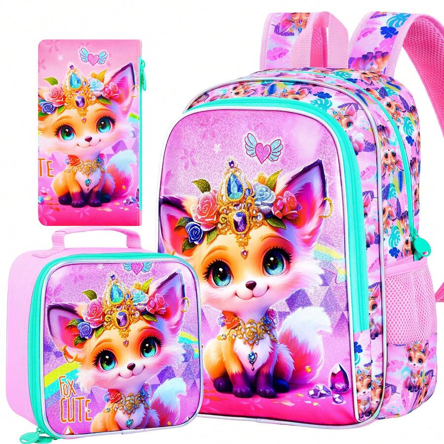Set de 3 mochilas para niñas de 16", mochila escolar con lentejuelas y lonchera, mochilas escolares lindas con diseño de zorro para primaria y jardín de infantes - Mochila - Ver 1