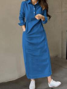 Gaun Gaya Arab Lengan Panjang Berkerah Kancing Depan Elegan Modis untuk Wanita, Koleksi Musim Semi/Gugur Terbaru - Royal Blue - View 4