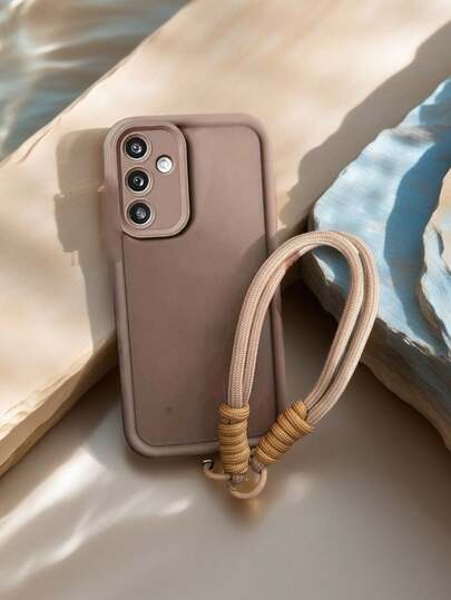 1 pieza Funda de teléfono sólida de alta calidad en color marrón, diseño minimalista con cordón de teléfono marrón esponjoso, a prueba de golpes, antideslizante, resistente a los arañazos, compatible con teléfonos Apple, excelente como regalo