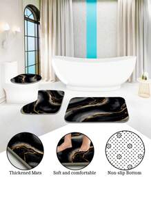 1pc/4pcs Black Marble Patterned Summer Shower Curtain Four Piece Set, Including Waterproof Shower Curtain, Non Slip Floor Mat, Toilet Seat Cover, And U-Shaped Mat, Complete Set Of Shower Curtain Kit, Twelve Hooks, Bathroom Decoration, Holiday Gift Back To School