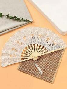 1 pieza Abanico plegable con bordado floral de encaje vintage - Elegante abanico de mano negro y blanco con borlas, estilo tradicional retro, ideal para refrescarse en verano, uso diario y como regalo para mujeres o decoración del hogar - Multicolor - Ver 14