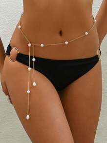1pc Elegant Summer Beach Drop Pearl Pendant Waist Chain, Women Body Jewelry Accessories (Number Of Pearls May Vary Due To Cutting)