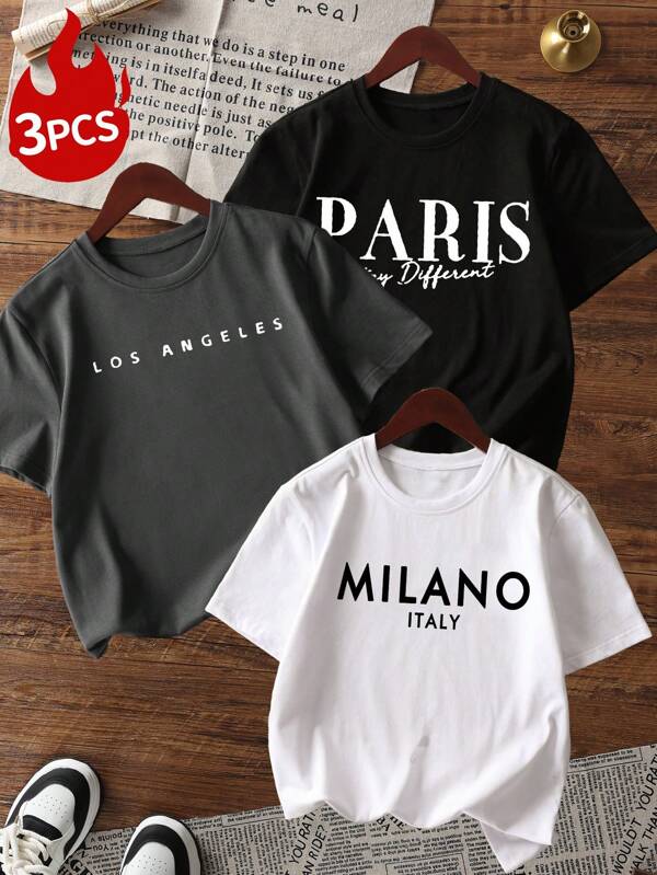 Three Piece Set Of Girls' Casual Printed Round Neck Pullover Short Sleeved T-Shirt For Summer Students' Young Children's Clothing - Colorful T-Shirts Bring Joy And Happiness To Every Child! Kids Clothes Girls Graphic Tees Summer Tops Tween Girl Clothes
