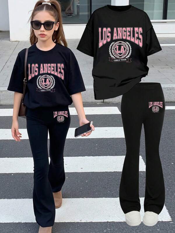 2pcs Teen Girls LA Print Set, Short Sleeve Loose With Flare Pants Soft Two Pieces, Street Casual Wear Summer, Girls Sets