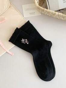 1 Par de Meias Médias Femininas com Bordado de Flores, Meias de Renda Versáteis Estilo Academia Doce, Primavera/Verão