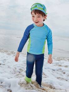 mini bala Kids' UV Protection Swimwear – Long Sleeve Rash Guard + Pants + Cap, Summer Set - Ocean Blue - View 2