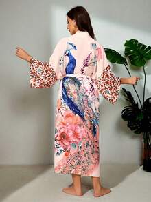 Plus Size Loose Retro Peacock Printed Long Cover Up, Beach Cover Up Kimono Style Swimsuit Outer Wear, Summer - Pink - View 6