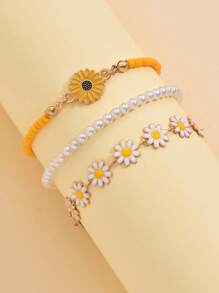 3pcs/Set Oil Drop Flower Design Sunflower Pearl Bracelets, Cute Bohemian Style Daisy Bracelets For Girls