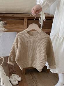 1pc Boys/Toddlers/Infants Khaki Solid Color Sweater, Children Casual Comfortable Knitted Pullover Long Sleeve, Suitable For Autumn/Winter