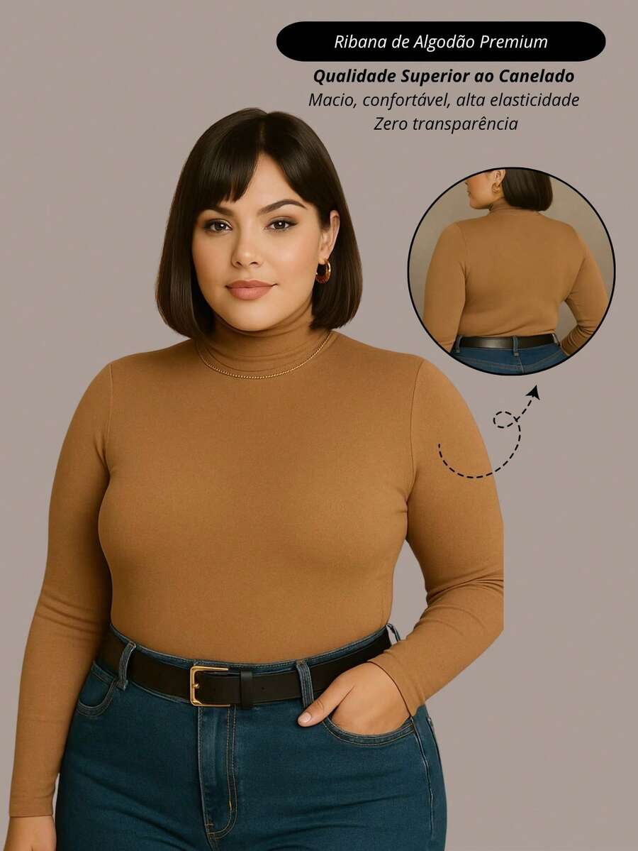 Women's Plus Size Blouse High Neck Sleeveless Ribbed Premium Autumn Winter - Màu nâu Sô-cô-la - Xem 1