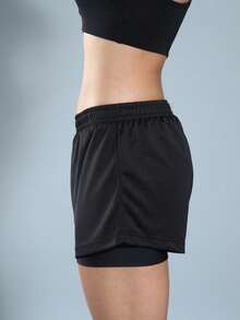 WOMEN'S DOUBLE FITNESS SHORTS IDEAL FOR RUNNING AND THE GYM - Black - View 4