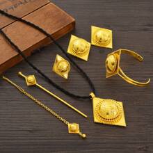 Set de 4 a 6 piezas de joyería de lujo con colores dorados y formas de rombos y cruces de estilo africano y árabe, que incluye aretes, anillos, collar, pulsera, tocado y pasador para el cabello, perfecto como regalo para fiestas, bodas o compromisos de Oriente Medio