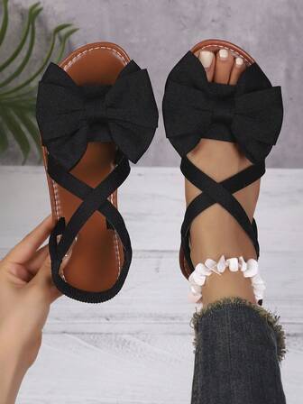 1 Paar Damen einfarbige, modische, bohemian-Textil-Schleifen-Sandalen, für Strand, Innen- und Außenbereich, rutschfeste Flache Schuhe, Sommer