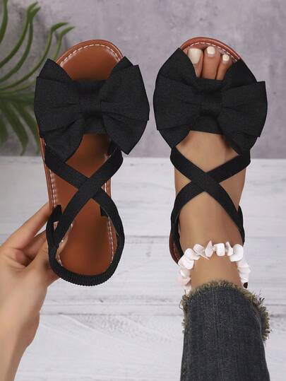 1 Pair Women's Solid Color Fashion Bohemian Fabric Bow Tie Sandals, Beach, Indoor & Outdoor Non-Slip Flat Shoes, Summer