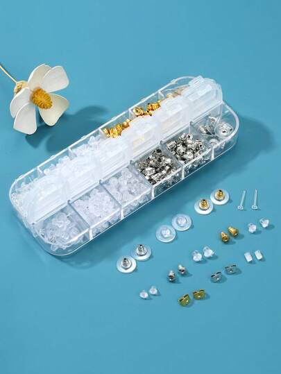 12 estilos 600 piezas Cubiertas de espalda de pendiente, Cubiertas de espalda de pendiente de plástico transparente, Juego de reemplazo de cierre de pendiente de goma de metal y silicona, adecuado para evitar alergias en pendientes gancho de pescado, pendientes de botón, aros