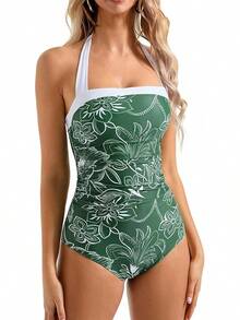 Women Sexy Tummy Control One Piece Swimsuit Halter Retro Bathing Suit - 68 綠白花 - 查看 1