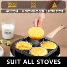 Antihaft-Pfanne mit 4 Löchern - beständige Aluminiumlegierung, vielseitig für Omeletts, Eier, Knödel & Steaks, induktionsplattentauglich, perfekte 4-Gitter-Bratpfanne für Eier, antihaftbeschichteter Haushaltspfanne, antihaftbeschichtete Pfannkuchenpfanne, Pfanne mit Holzgriff für Omeletts und Burger, beständige Aluminiumlegierung, ideal für Omeletts, Burger und Steaks, nur Handwäsche, induktionskompatibel, Küchengeschirr