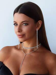 2pcs Women Jewelry Set - Rhinestone Encrusted Y-Shape Long Necklace And Earrings, Elegant For Wedding/Formal Events - 2-piece Set - View 11