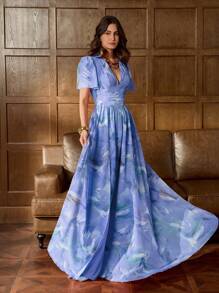 Faeriesty Printing Elegant Floral Chiffon Evening Gown With Short Sleeves, V-Neckline & A-Line Skirt – Ethereal Elegance For Black-Tie Dinners, Bridal Parties, Art Gallery Events, And Garden Parties