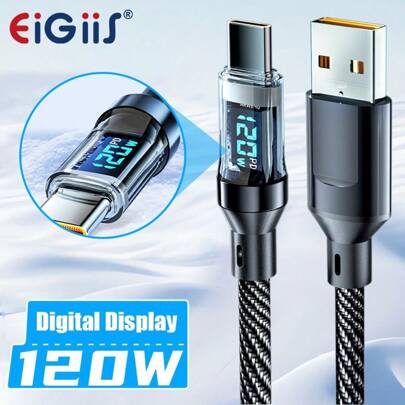 EIGIIS 1pc 120W Super Fast Charging USB A To Type-C Cable With LED Display, Matte Finish, Data Sync, Power Delivery, 6A High Current, Compatible With IPhone - Black, Charging Adapter For Smartphones & Devices, USB Charging Cable Compatible With IPhone 16, 16 Pro Max, 15, 15 Plus, 15 Pro, 15 Pro Max, Compatible With Redmi, Compatible With OnePlus Type C, Charger