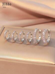 Hihho 6 件简约圆形耳环套装，适合女士，时尚轻盈闪亮方晶锆石嵌入式彩色锆石系列耳环，适合休闲运动装 - 銀色 - 查看 3