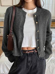 Plain Crew Neck Single-Breasted Long Sleeve Soft Knit Cardigan - Dark Grey - View 5