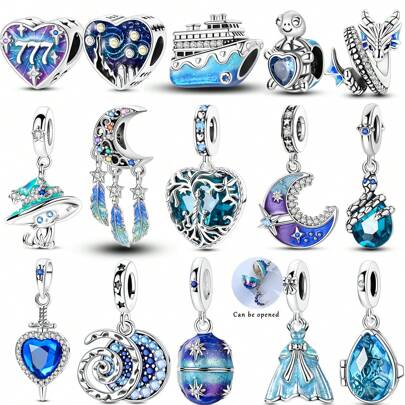 40 Styles Original Design Blue Collection 1Pc Silver Color Moon Star Life Tree Turtle Heart Dreamcatcher Bear Charm Fit Original Bracelet Necklace Pendant Beads For Diy Jewelry Making Perfect For Women Girl Daily Wear Accessories