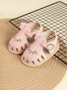 1 Pair Girls' Embroidered PU Hook And Loop Flat Fashion Versatile Breathable Sandals, Suitable For Summer - Pink - View 4