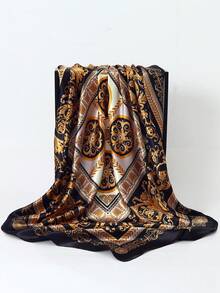 90*90cm户外防晒披肩时尚女士轻薄围巾防风保暖全年通用船锚印花撞色适合蓝色、粉色、红色、咖啡色、米色、白色方形围巾职业女性头巾 - 黑色 - 查看 2