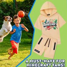 Minecraft Hoodie Shorts Tracksuit Set 2 Pcs Creeper Gamer Summer Short Sleeved Hooded Sweatshirt Zipped Pockets Sports Casual Activewear - Brown - View 2