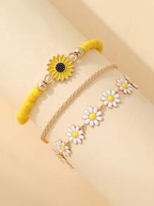 3pcs/Set Oil Drop Flower Design Sunflower Pearl Bracelets, Cute Bohemian Style Daisy Bracelets For Girls