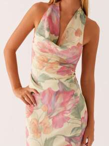 Halter Long Dress For Women Summer Fashionable Flower Print Backless V Neck Slim Fit Sleeveless Dress