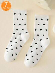 1 双女式白色 Ins Style 心形图案中筒袜，运动学院风，秋季