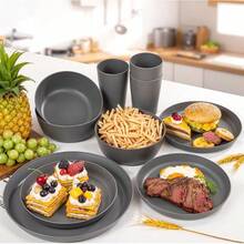 EI 24pcs Grey Wheat Straw Dinnerware Set Of 6,Reuasble Unbreakable Dinner Plates,Wheat Plates And Bowls Sets For Camping,Picninc,Family Dinner - Grey - View 3
