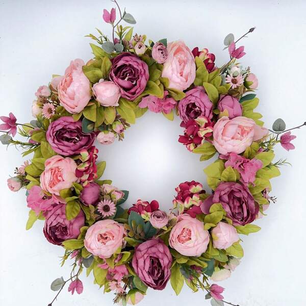 1pc/18in Spring Flower Wreath, Artificial Flower Leaf Wreath Decor For Front Door, Garden, Home, Room Decoration, Suitable For Spring And Summer