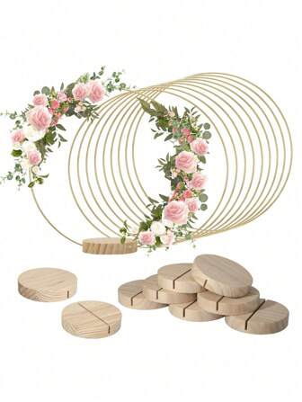 10pcs/2pcs-Gold Metallic Garland Centerpiece With Wooden Stand - Elegant DIY Circle Decoration For Wedding, Party And Birthday - Handmade Artificial Roses And Green Leaves Design, No Power Required, Birthday Decorations|Decorative Centerpieces|Handmade Designs, Wedding Decorations