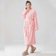 1pc Plush Robe, Shawl Collar Long Robe, Coral Fleece Bathrobe, Warm Fuzzy Robe For Adults Men Women, Hotel/Spa Use, All Season, Absorbent & Quick Dry, Loose Fit, Multiple Colors, Minimalist Design, Bathroom & Home Essentials