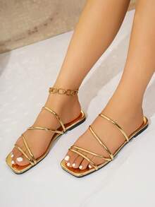 Damen Flip-Flops im Y2K-Stil mit flachen Sohlen in Metallfarbe Gold, modisch vielseitig, leicht und bequem für den Sommer, zum Anschlüpfen geeignet - Gold - Übersicht 4