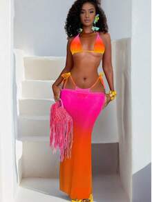 3件套女士性感沙滩比基尼套装，亮色渐变纯色挂脖比基尼泳装套装，搭配长款网纱裙，适合度假、复活节、节日、外出、约会之夜等场合，所有女士服装，秋季款 - 橘色 - 查看 2