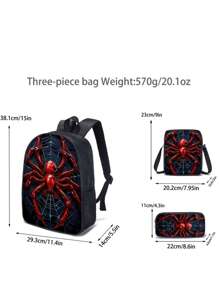 3 pièces Set de sacs à dos, Imprimé araignée/Imprimé jeu, Unisexe, Sac à déjeuner, Trousse, Sac à dos