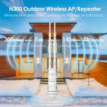 N300 Wireless Outdoor Access Point With PoE Powered, WAN/LAN Port, Waterproof, Outdoor Wi-Fi Extender Long Range With AP/Router/Repeater Modes, 2x7 DBi Directional Antennas