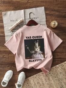 Teen Girls' Casual Funny Print Round Neck Short Sleeve T-Shirt Tops, Summer - Pink - View 3