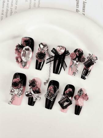 10 件中长手工棺材形装饰人造玫瑰，黑色和粉色，混合风格 3D 奢华水钻指甲首饰套装，适合节日、派对和日常佩戴，按压式指甲，美甲用品，美甲