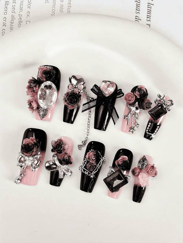 10Pcs Medium Length Handmade Coffin Shaped Decorated Artificial Roses In Black & Pink Colors, Mixed Style 3D Luxurious Rhinestone Nail Jewelry Sets For Holidays, Party & Daily Wear Press On Nails Nail Supplies Nails
