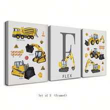 Customized Canvas Wall Art - Custom Nursery Boy Wall Art, Construction Wall Decor, Tractor And Truck Prints, Custom Name, Gift For Baby Boy, Set Of 3 , Custom Name & Number - Optional Frame, High-Quality Material, Unique Gift Idea, Decor Gifts Birthday Graduation Home Decor Back To School Room Decor School Supplies