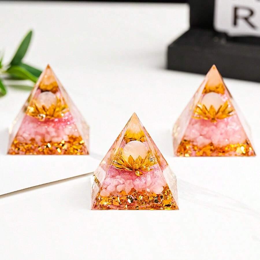 1pc Natural Crystal Rose Quartz Chip Sphere Ball Golden Lotus Resin Orgone Pyramid - Pink - View 1