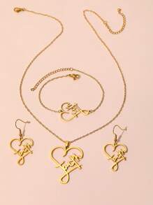 4 Peças Conjunto de Joias com Colar Pingente de Coração Oco, Brincos e Anel, Elegante e Doce